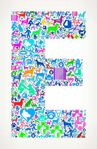 Letter E Dog and Canine Pet Colorful Icon Pattern The dog icons are vibrant and the icon shape is formed as a negative space on white background.  The dog icon pattern is flat and the vector icons vary in size and shades of color. Icon download includes vector graphic and jpg file.