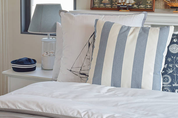 istock modern bedroom with green striped pillow on bed 546459608