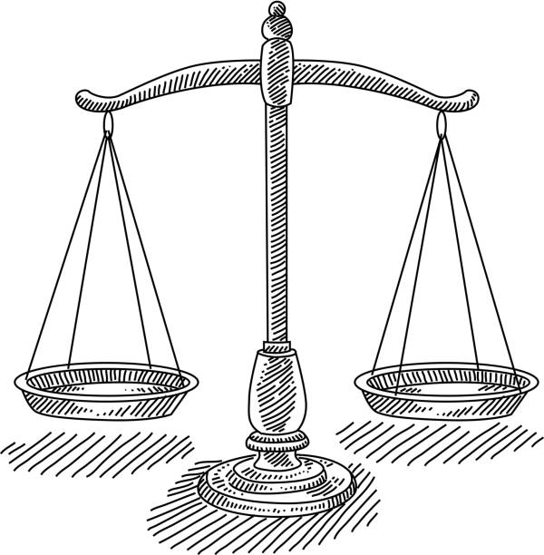 Scales of Justice Drawing Line drawing of Scales of Justice. Elements are grouped.contains eps10 and high resolution jpeg. balance drawings stock illustrations