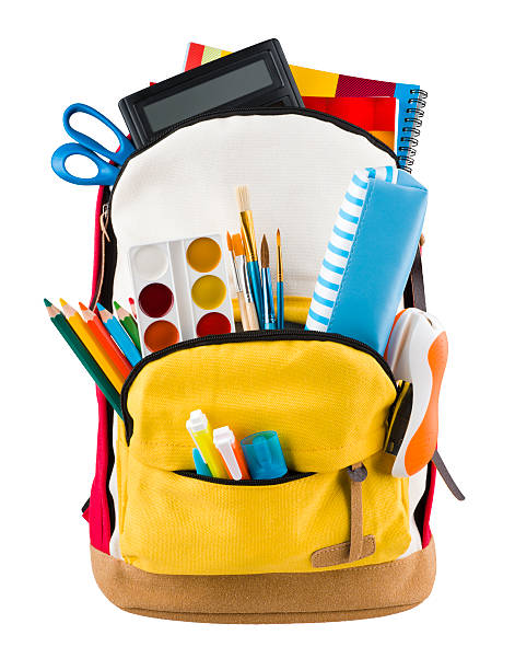 istock Backpack isolated on white backgorund with protruding school supplies 546467188