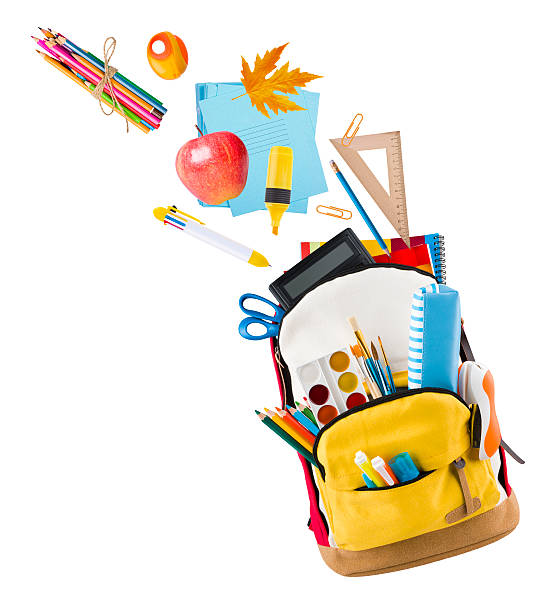 Backpack isolated on white backgorund with school supplies flying out