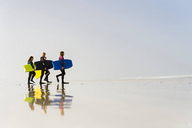 Group of women in wetsuits walking towards the ocean carrying their bodyboards.
