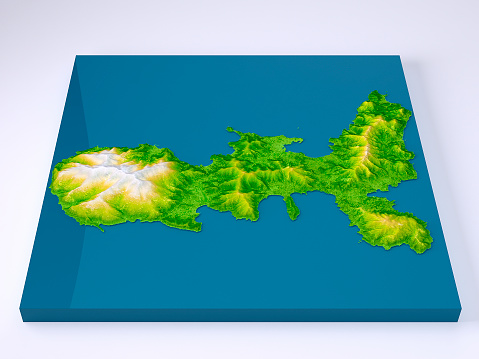 3D Render of a Topographic Map Model of Elba Island, Italy, Mediterranean Sea. Exaggerated Elevation.