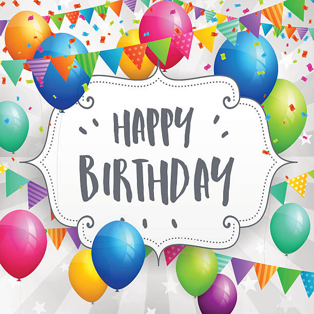 istock Happy Birthday greeting card with balloons, flags and confetti 546762500