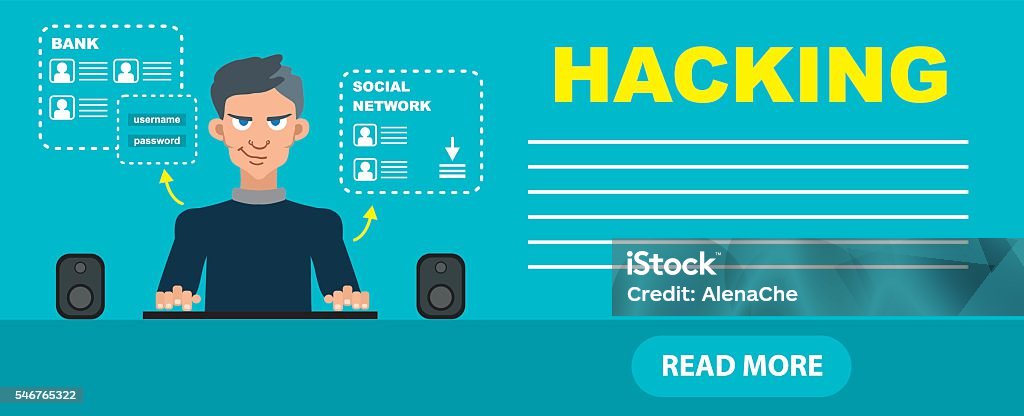Computer Hacker in action. Avatar collection set Flat style hacker attack intruding laptop computer internet web system crack password security concept web infographics vector illustration. Banner - Sign stock vector