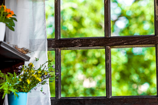 Old wooden cabin framed window looking out into green pasture. Vintage, rustic wood theme.