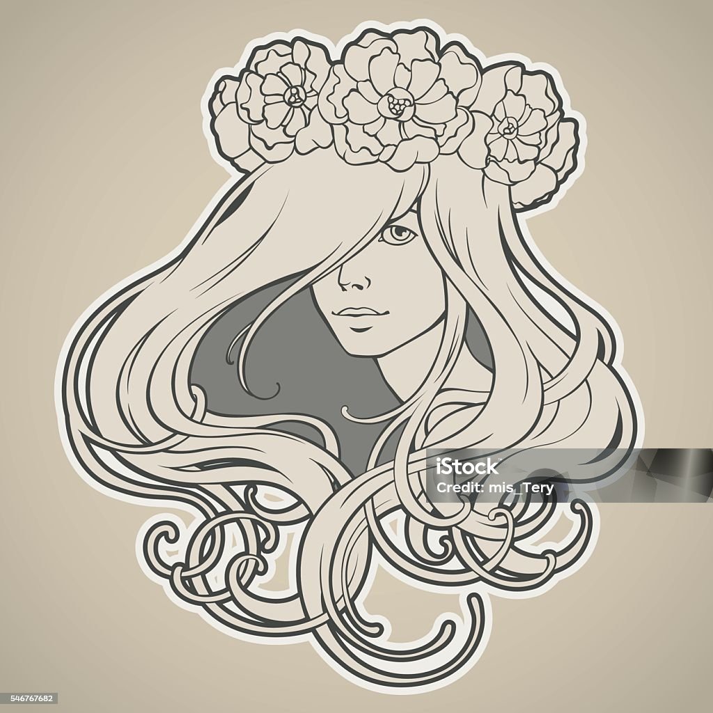 Chica con el pelo largo en corona de estilo Art Nouveau - arte vectorial de Arte Nouveau libre de derechos