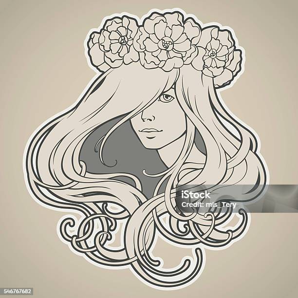 Ilustración de Chica Con El Pelo Largo En Corona De Estilo Art Nouveau y más Vectores Libres de Derechos de Arte Nouveau