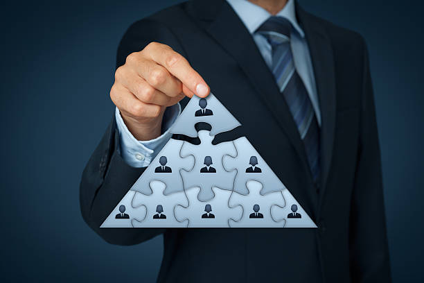 Leader and CEO CEO, leadership and corporate hierarchy concept - recruiter complete team represented by puzzle in pyramid scheme by one leader person (CEO). multi level marketing stock pictures, royalty-free photos & images
