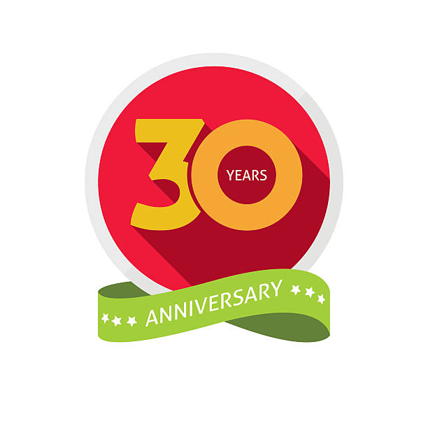 ilustrações de stock, clip art, desenhos animados e ícones de thirty years anniversary logo, 30 year birthday sticker label - 32