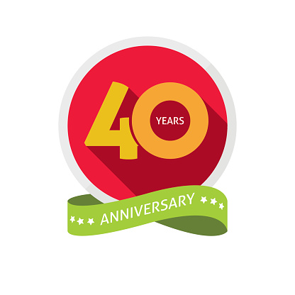 40th anniversary logo template with shadow on circle number, 40 years icon. Forty years birthday party symbol. Thirtieth holiday sticker, ribbon, banner poster, emblem, tag