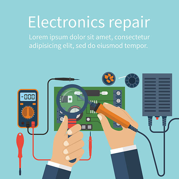 illustrazioni stock, clip art, cartoni animati e icone di tendenza di riparazione elettronica. riparazioni tecnologiche. - soldering iron illustrations