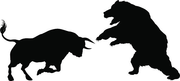 ilustraciones, imágenes clip art, dibujos animados e iconos de stock de concepto de silueta de oso versus toro - stock market bull bull market bear