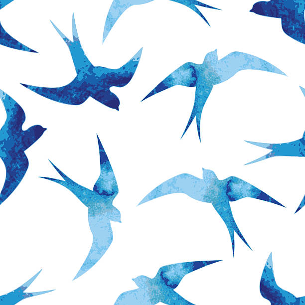Seamless watercolor pattern with blue swallows Vector hand drawn porcelain watercolor seamless pattern with blue swallows swift bird stock illustrations