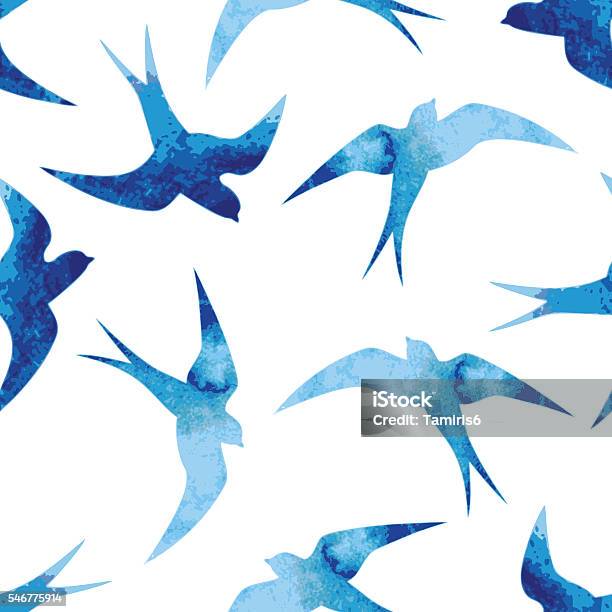 Seamless Watercolor Pattern With Blue Swallows Stock Illustration - Download Image Now - Swallow - Bird, Bird, Watercolor Painting