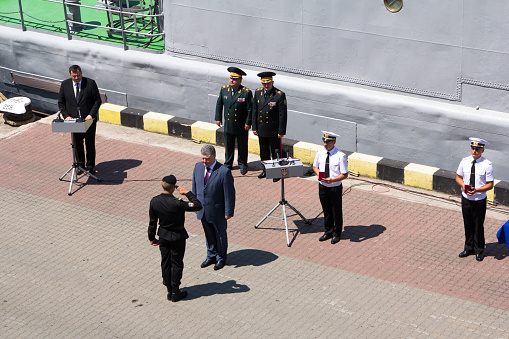 Odesa, Ukraine - July 03, 2016: President of Ukraine Petro Poroshenko awards sailors and soldiers on the pier of the Odessa port. Navy day celebration in Odesa