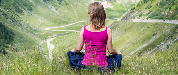 istock Young woman meditate 546778582