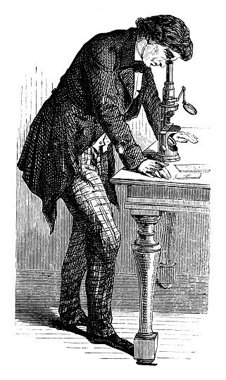 Man using optical microscope - Scanned 1870 Engraving