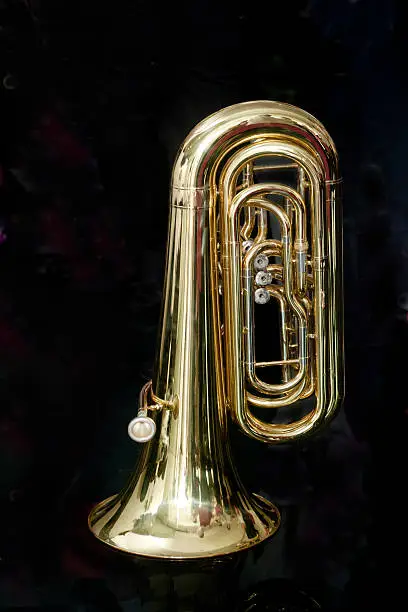 Tuba, brass instrument, close up view, black background.