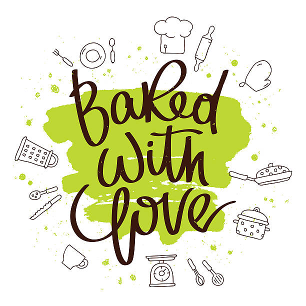 Quote Baked with love Quote Baked with love. The trend calligraphy. Vector illustration on white background with a smear of green ink. Kitchen icons. Elements for design. greedy stock illustrations