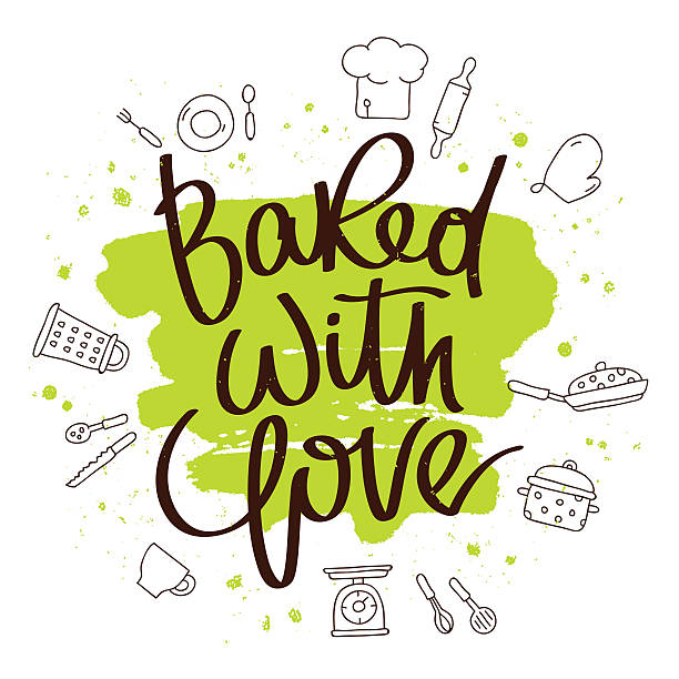 Quote Baked with love Quote Baked with love. The trend calligraphy. Vector illustration on white background with a smear of green ink. Kitchen icons. Elements for design. cooking utensil domestic kitchen kitchen utensil chef stock illustrations