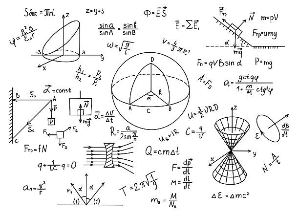 Hand drawn physics formulas Science knowledge education. Hand drawn physics formulas Science knowledge education mathematical symbol illustrations stock illustrations