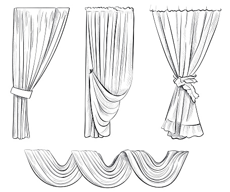 Sketch design curtains windows. Background for use in design, web site, packing, textile, fabric decorative elements for interior. Curtain draped with lambrequins isolated on a whiteSketch design curtains windows. Background for use in design, web site, packing, textile, fabric decorative elements for interior. Curtain draped with lambrequins isolated on a white
