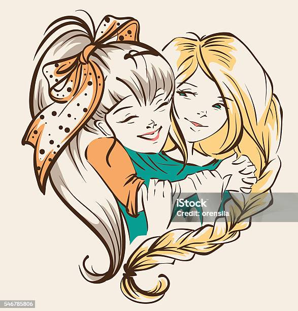Girl Hugging Girlfriend Two Happy Sisters Stock Illustration - Download Image Now - Sister, Friendship, Embracing
