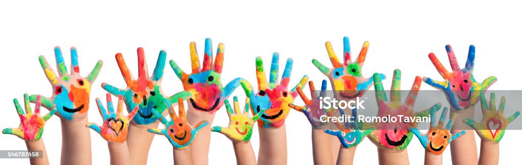 Hands Painted With Smileys Colorful Hands Painted With Smileys Child Stock Photo