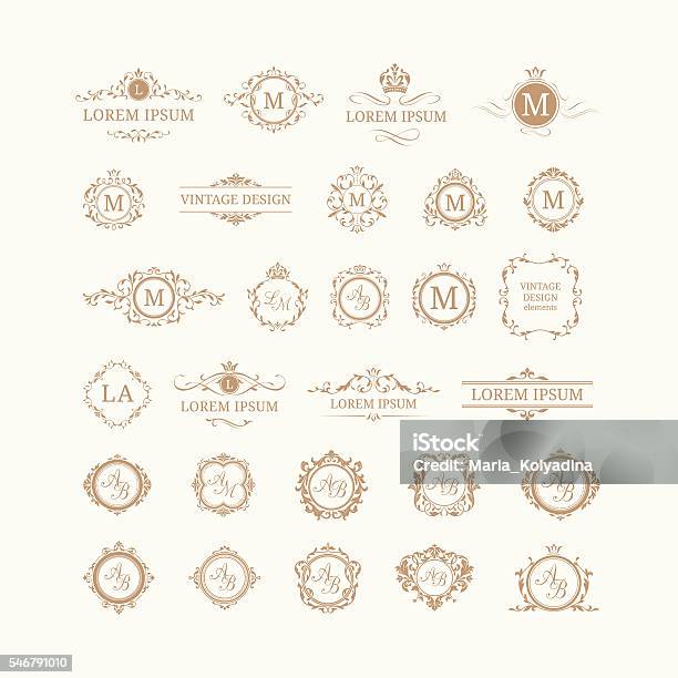Set Of Elegant Floral Monograms And Borders Stock Illustration - Download Image Now - Coat Of Arms, Ornate, Wedding