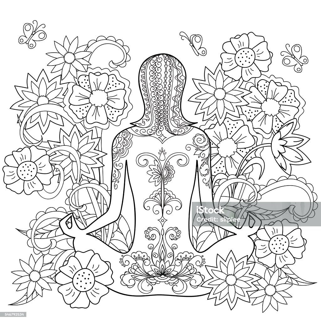 tattoo girl and flowers Hand drawn decorated Henna Paisley flowers Mehndi girl in the tangled flowers. Image for meditation adult  coloring books. eps 10 Women stock vector