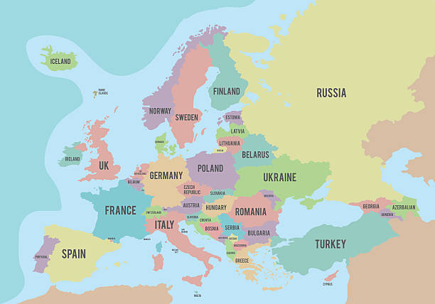 illustrations, cliparts, dessins animés et icônes de europe colorée carte politique avec des noms en anglais - europe