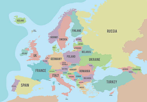 peta politik eropa berwarna-warni dengan nama dalam bahasa inggris - peta ilustrasi stok