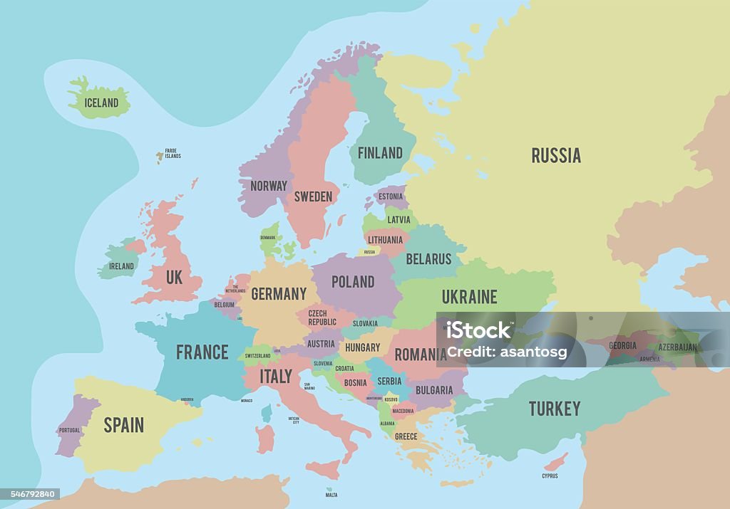 Colorful Europe Political map with names in English Political map of Europe with different colors for each country and names in English. Vector illustration. Map stock vector