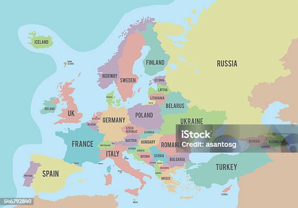 Colorful Europe Political Map With Names In English向量圖形及更多地圖圖片