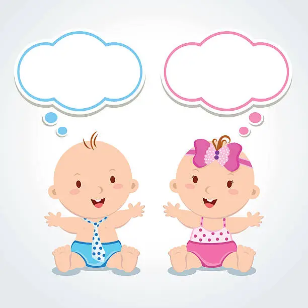 Vector illustration of Twins. Babies with thinking bubbles.