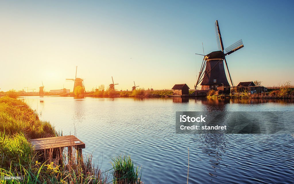 Traditional Dutch windmills from the channel Rotterdam. Holland. Netherlands Stock Photo