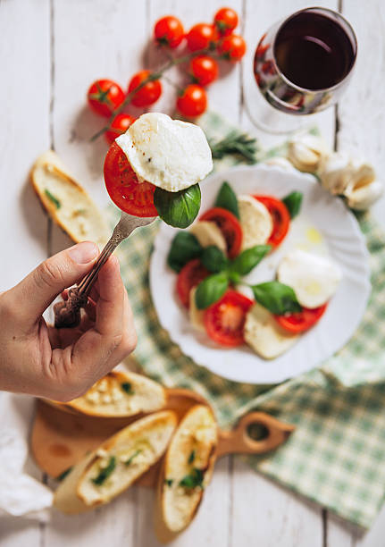 italian traditional salad caprese and bruschetta antipasta - caprese salad salad restaurant vinegar imagens e fotografias de stock