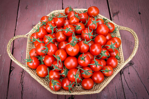 istock Cherry tomato in basket on wooden background. 546794704