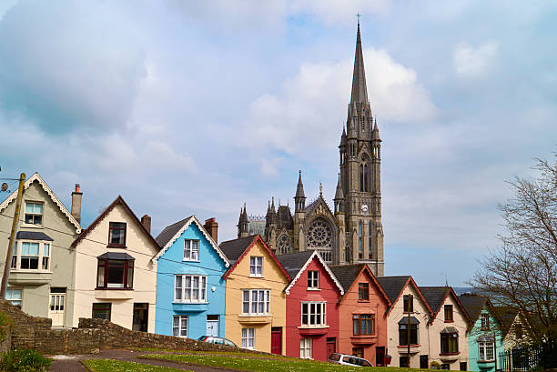 village with cathedral and colored houses