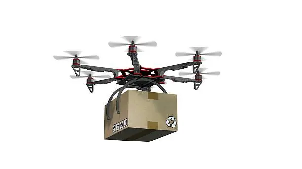 Drone Hexacopter delivers a package - isolated on white