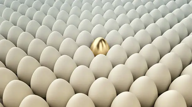 Photo of Conceptual Illustration. Golden egg among regular eggs. 3D Render