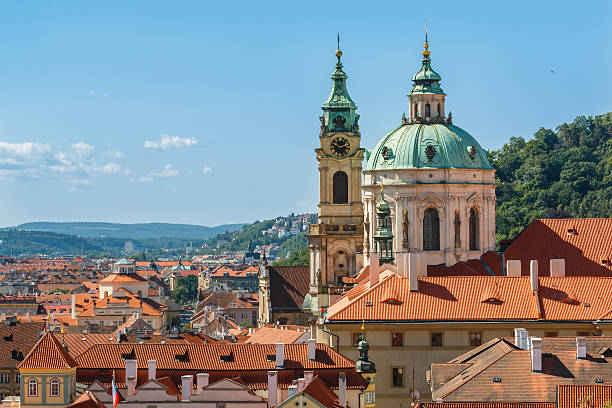 Prague cityscape view with an old church stock photo