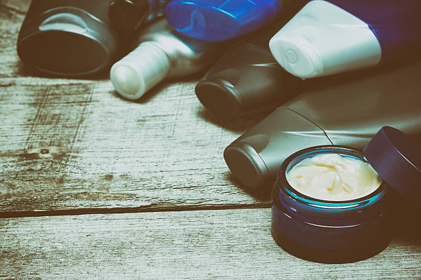 Cosmetics for men background in retro style