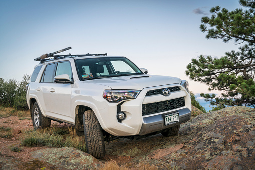 Cherokee Park, CO, USA - July 12, 2016: Toyota 4Runner SUV (2016 Trail edition) on a rocky  trail in Colorado's Rocky Mountains