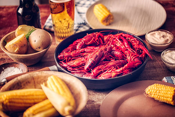 Delicious Boiled Red Crayfish with Sweet Corn and Potatoes