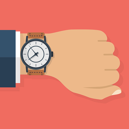 Wristwatch on the hand of businessman in suit. Time on wrist watch. Man with clock. Man checks time on clock. Time control. Hand with clock isolated on background. Flat design, vector illustration.