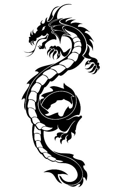 schwarzer stammes-drachen-tattoo - dragon stock-grafiken, -clipart, -cartoons und -symbole