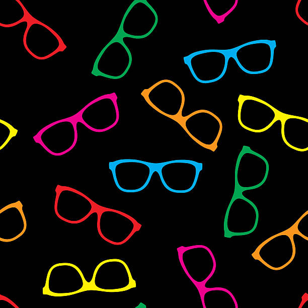 Glasses Pattern Colorful Vector illustration of multi colored glasses on a black background in a repeating pattern. red spectacles stock illustrations