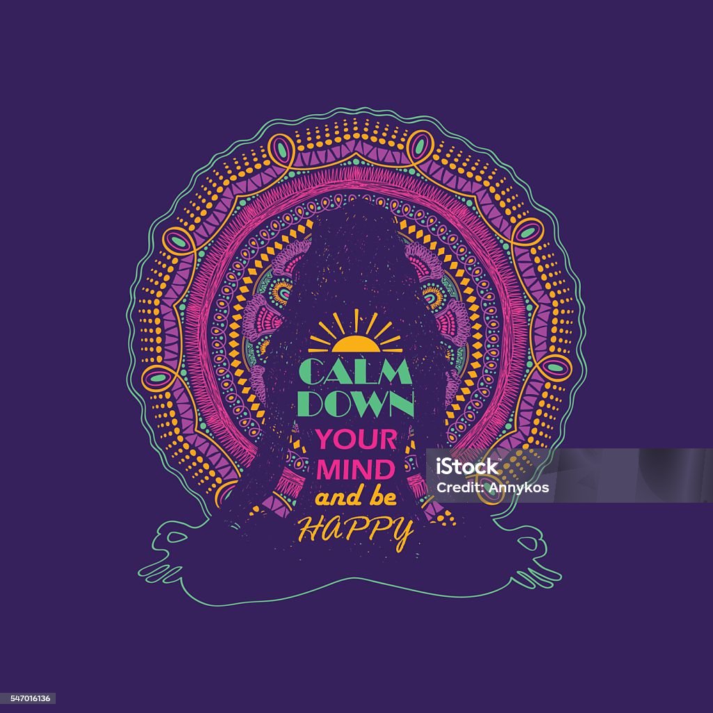 Woman Sitting In Yoga Lotus Pose And Mandala Design. Isolated woman silhouette sitting in lotus pose of yoga and vibrant colorful mandala design on a background. Creative typography poster with text inside - calm down your mind and be happy. Meditating stock vector